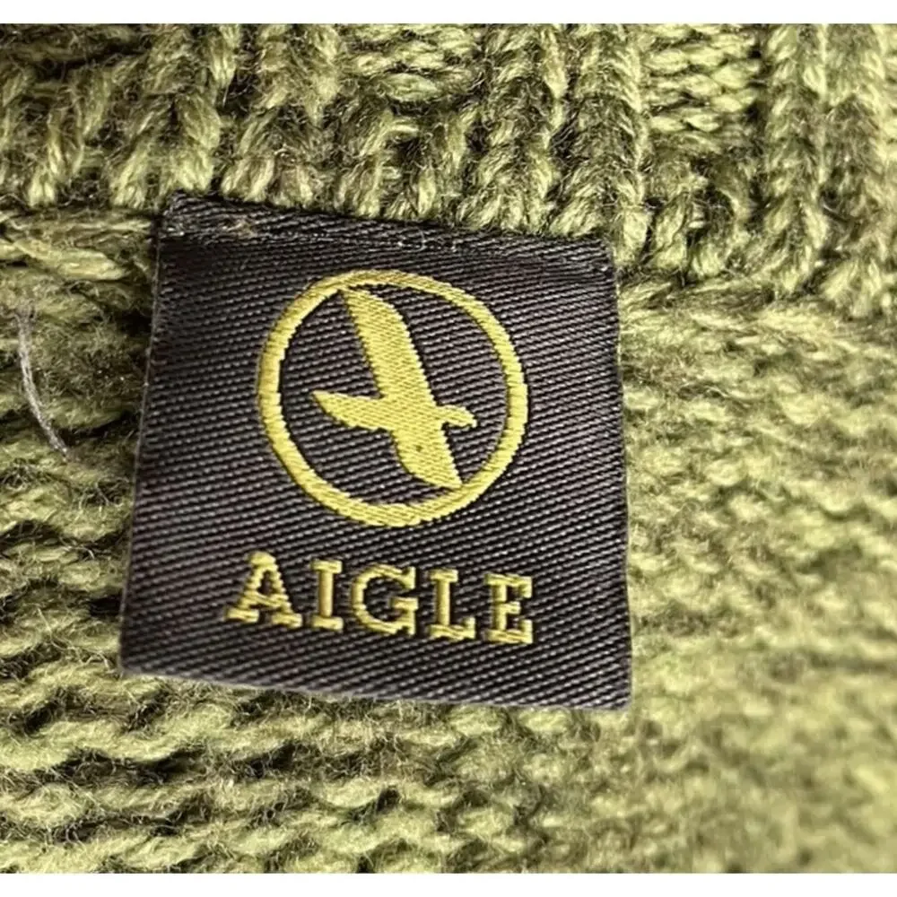 Aigle Mens Wool Zip Up Cardigan Sweater Knit Green‎ Stripe Grunge Y2K Medium